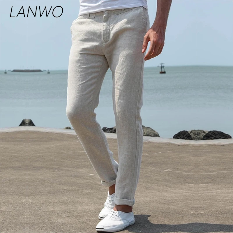 2021 модные высококачественные мужские льняные повседневные брюки однотонные мужские длинные брюки тонкие прямые льняные хлопковые брюки