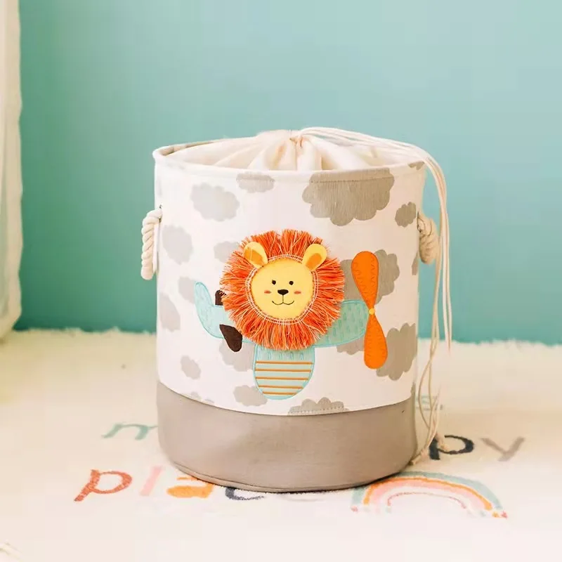 Round Kids Laundry Basket Cute Animal Pattern Toy Storage Canvas Hamper Cloth Toy Storage Basket For Kids