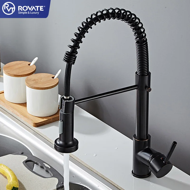ROVATE Kitchen Faucets 304 Stainless Steel kitchen Tap Modern Matt Black Spring Pull Down kitchen Sink Faucet