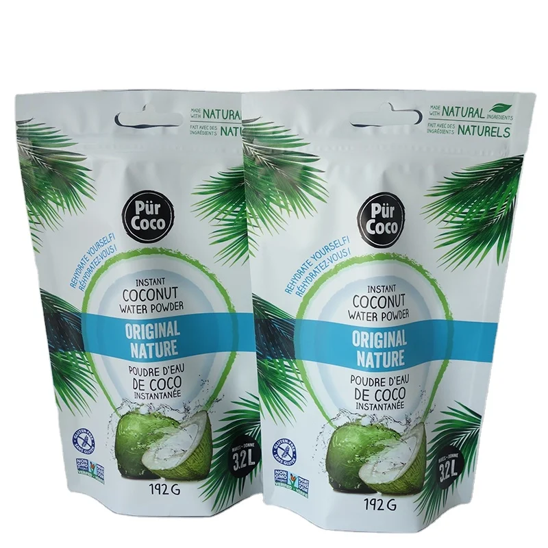 Matte food grade aluminum foil packaging pouch bag stand up zipper lock plastic bag for coconut water powder