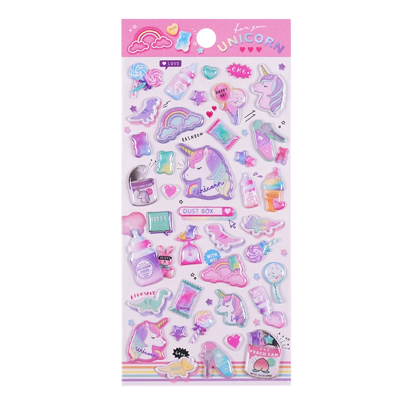 SHANLE Wholesale Cartoon Unicorn Puffy Sticker Japanese Diary Journal Cute Creature Sticker Custom Kawaii Animal Bubble Stickers