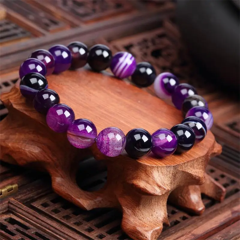 Trendy 10MM Natural Stone Love Purple Agate Bead Bracelet