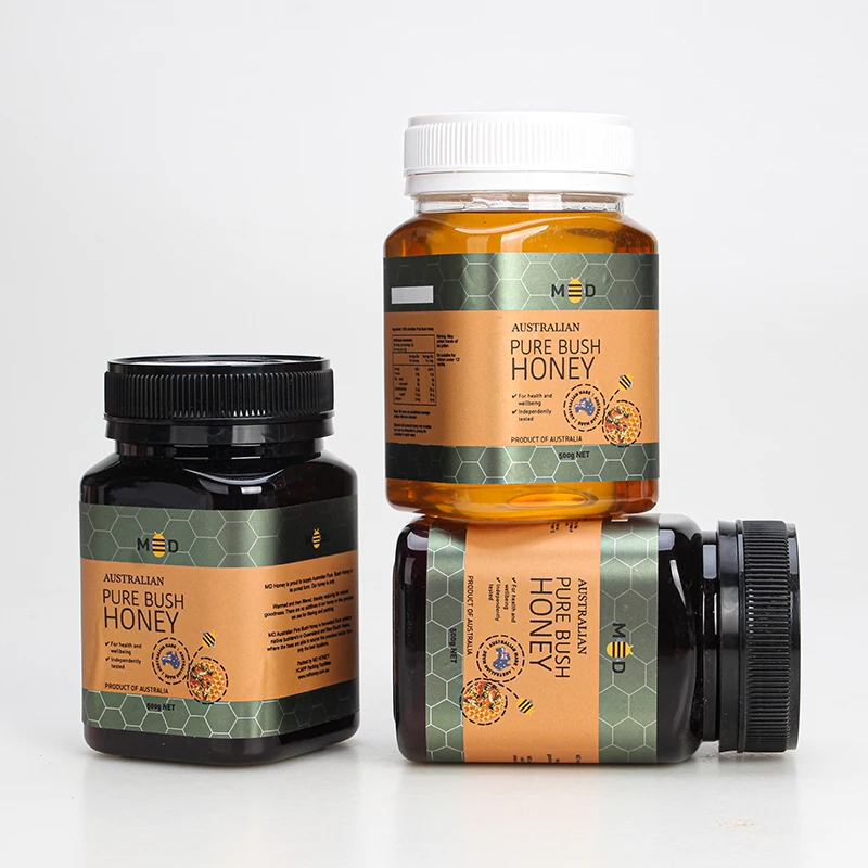 Food grade transparent amber black 360ml/500g pcr rpet pet plastic square honey jar with tamper proof cap honey bottle