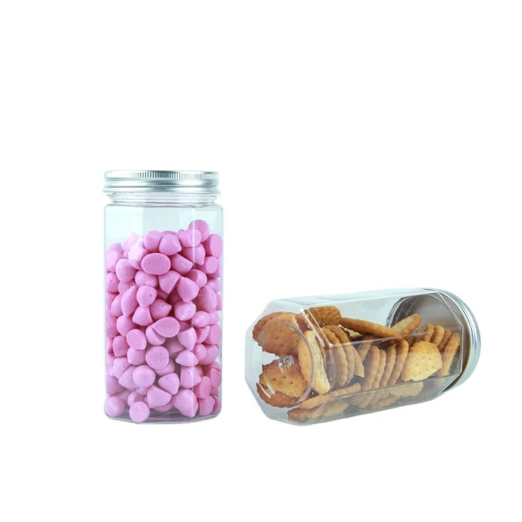 Hot selling 350ml clear octagonal food grade pet plastic Cookie Candy Jar empty food container 12 oz for nuts & dried fruit