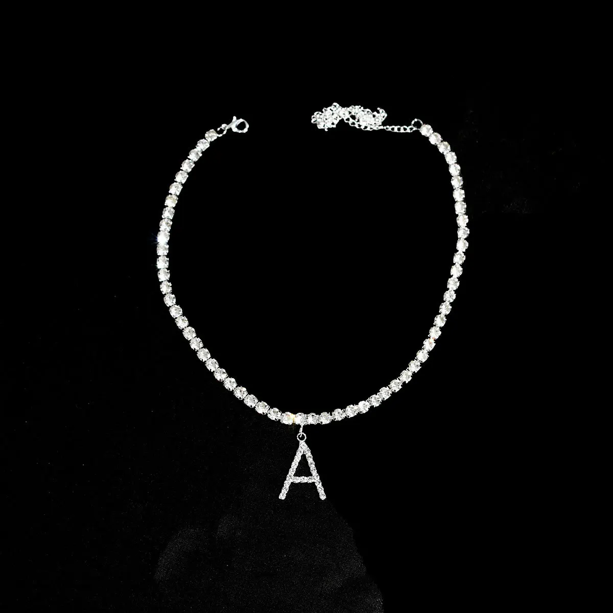 New Trendy Bling 26 Letters Tennis Chain Necklace Sparkling Rhinestone Crystal A-Z Initial Letter Necklace