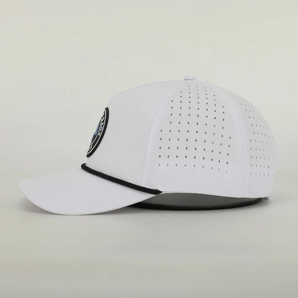 Wholesale Custom Rubber Patch  Logo 5 Panel Dad Hat High Quality Polyester Golf Gorras,Laser Cut Hole Rope Sport Baseball Cap