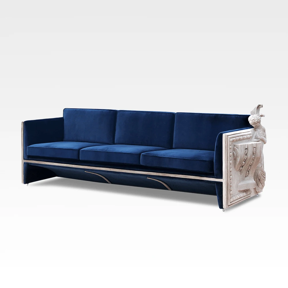 Modern Design Luxury Couch Living Room European Fiberglass Retro Relief Carved 3 seat Solid Wood Fabric Velvet Sofa