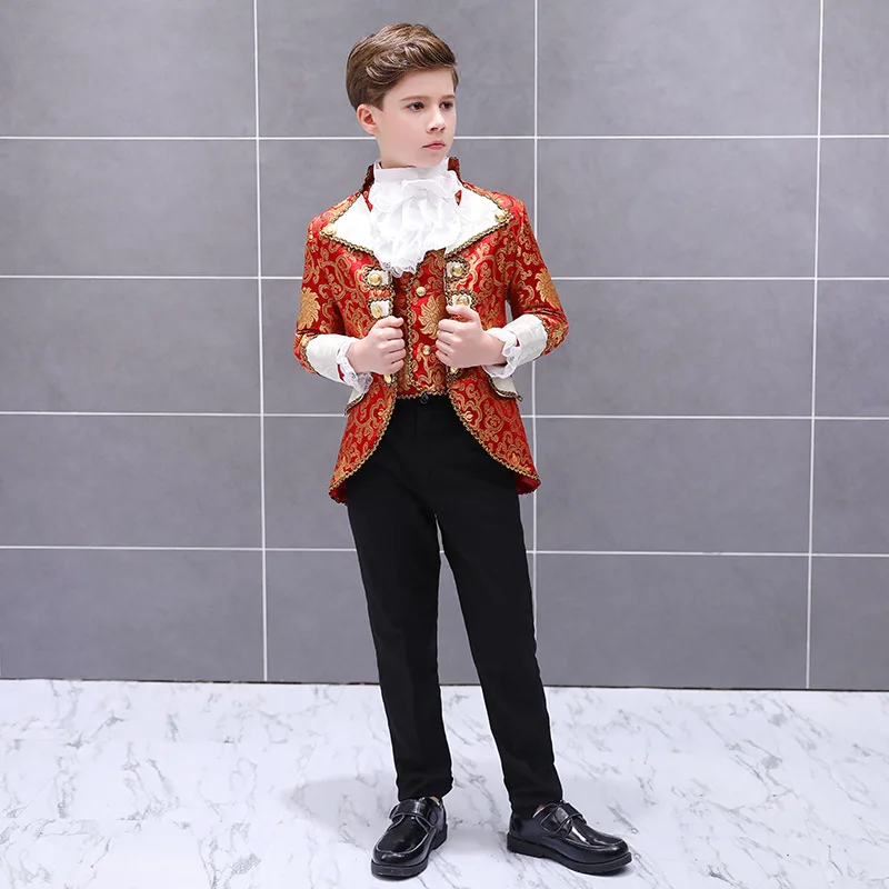New Vintage Renaissance Antique Floral Patterns Three Pieces Children Boys Suits Performance Prince Charming Cosplay Kids Suit