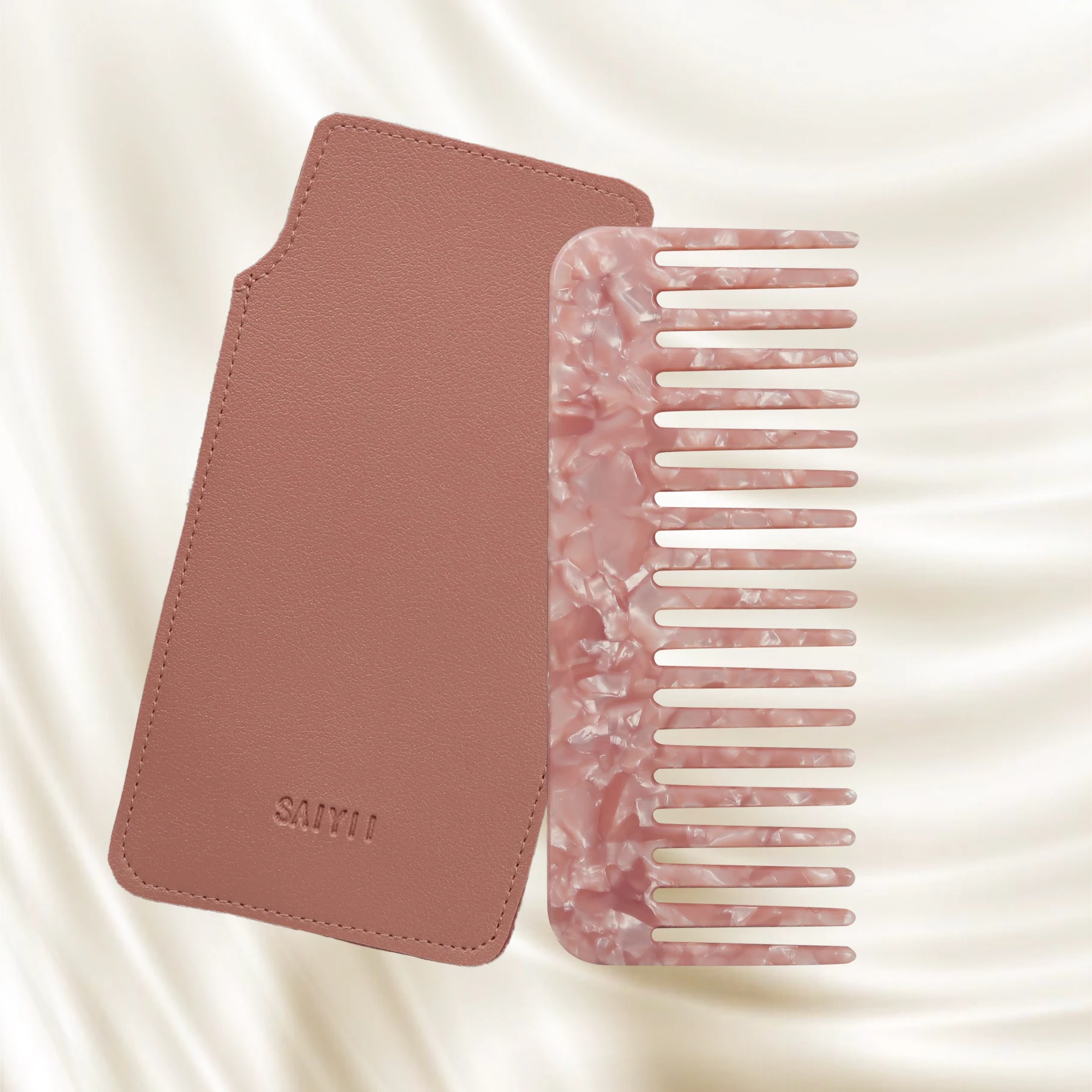 SAIYII Custom Logo 4mm Thickness Cellulose Acetate Hair Comb Wide Tooth Anti Static Acetate Women Hair Comb With Pouch