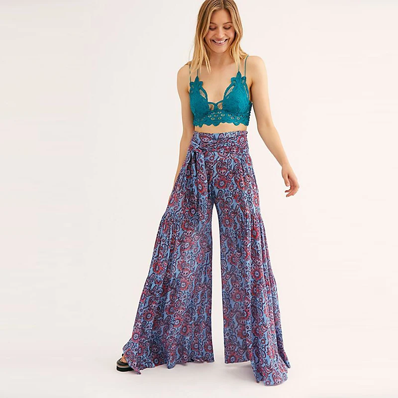 Europe and the United States new printed retro all-match loose temperament high-waist flared wide leg pant woman
