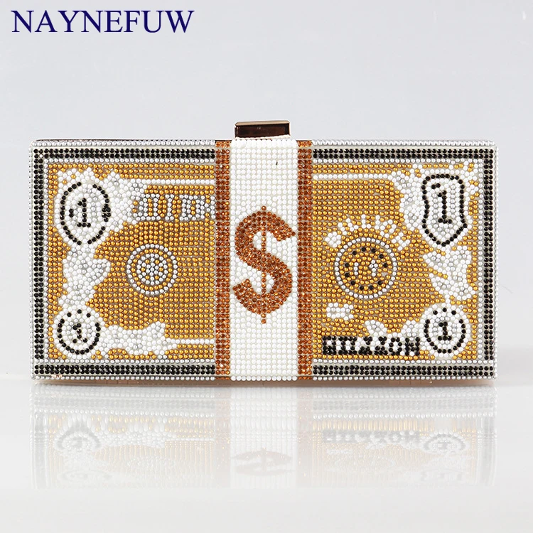 2022 New Full Diamond Small Square Dressing Clutch Lady Money Dollar Dinner Purse American Fashion USD Rhinestone Evening Bags