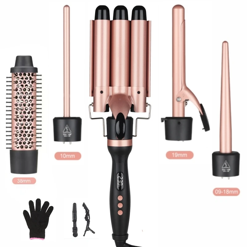 Professional Salon 5 In 1 Curl Waver Wand Curling Iron Ceramic Ionic Triple Rotating 3 Barrel Hair Curler