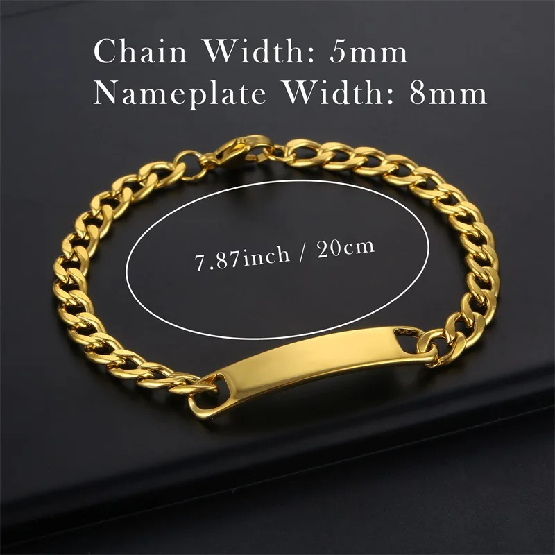 BINSHUO Wholesale Custom Bracelet Jewelry 18k Gold Plated Stainless Steel Cuban Chain Laser Engraving Custom Name Bar Bracelets