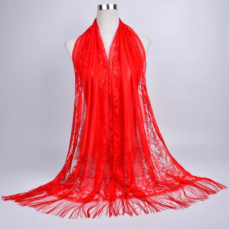 Muslim scarf hijab solid color lace hollow tassel silk scarf female summer Malaysia long scarf shawl