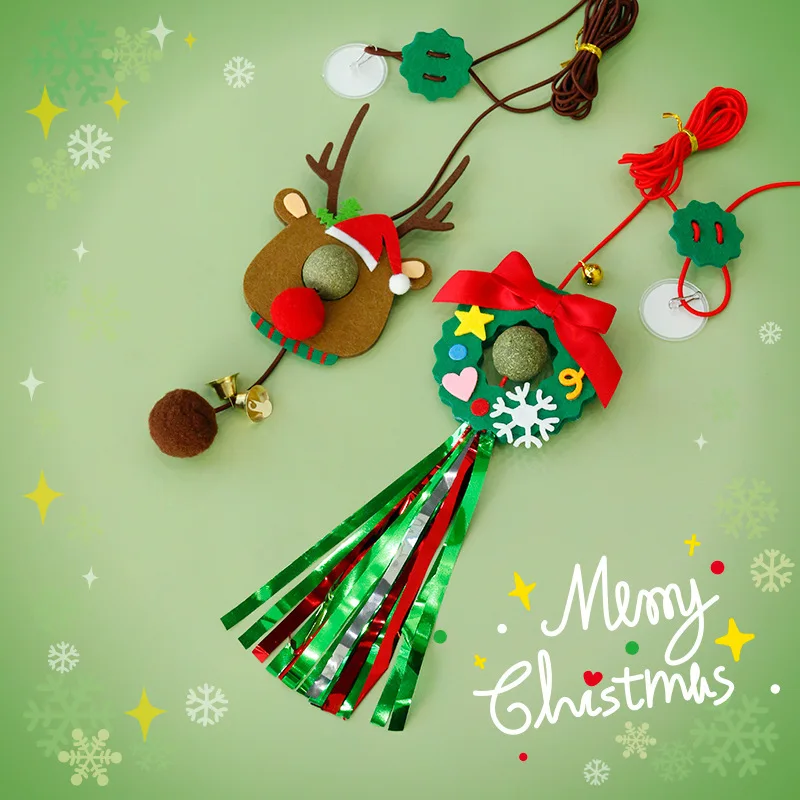 Wholesale custom pet supplies Christmas collection Cat hanging Funny Cat stick Christmas elk wreath style