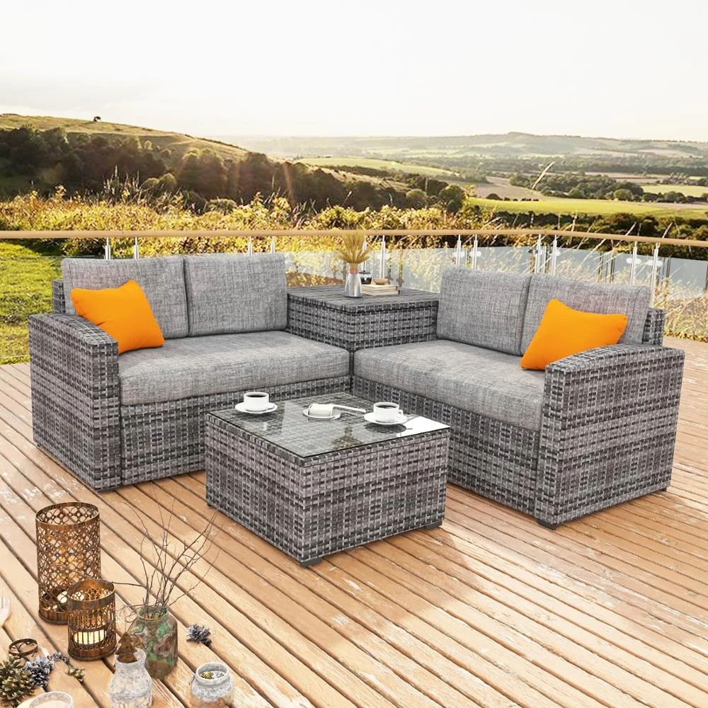 
4pcs Balcony Plastic Nice Garden Outdoor Wicker Sectional Corner Patio Rattan Furniture Sofa Set 
