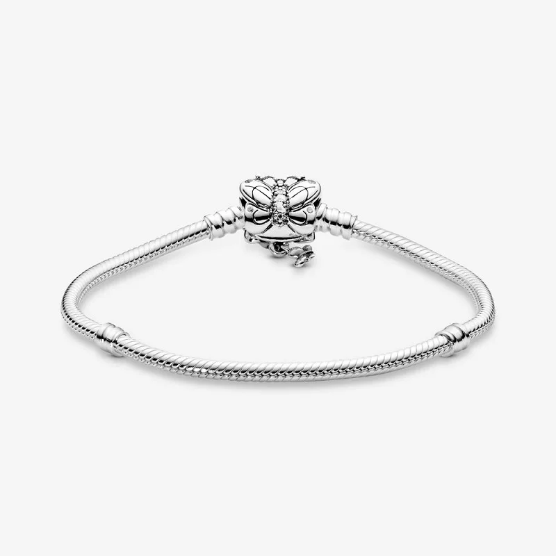 S925 Sterling Silver Moments Clear CZ Butterfly Insect Wing Lines Clasp Snake Chain Bracelet