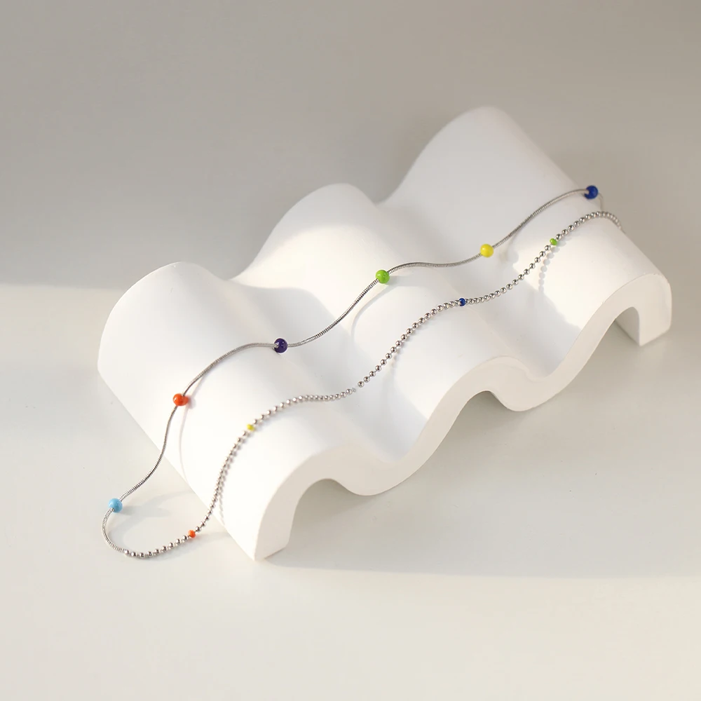 Jelly bean colorful Enamel Round bead pea chain silver necklace clavicle chain stainless steel gold and silver tarnish free