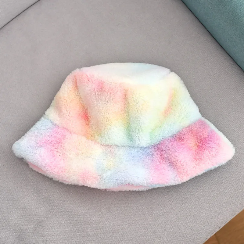 
New fashion warm tie dye hat winter plush rainbow faux fur fisherman hat outdoor bucket hats 