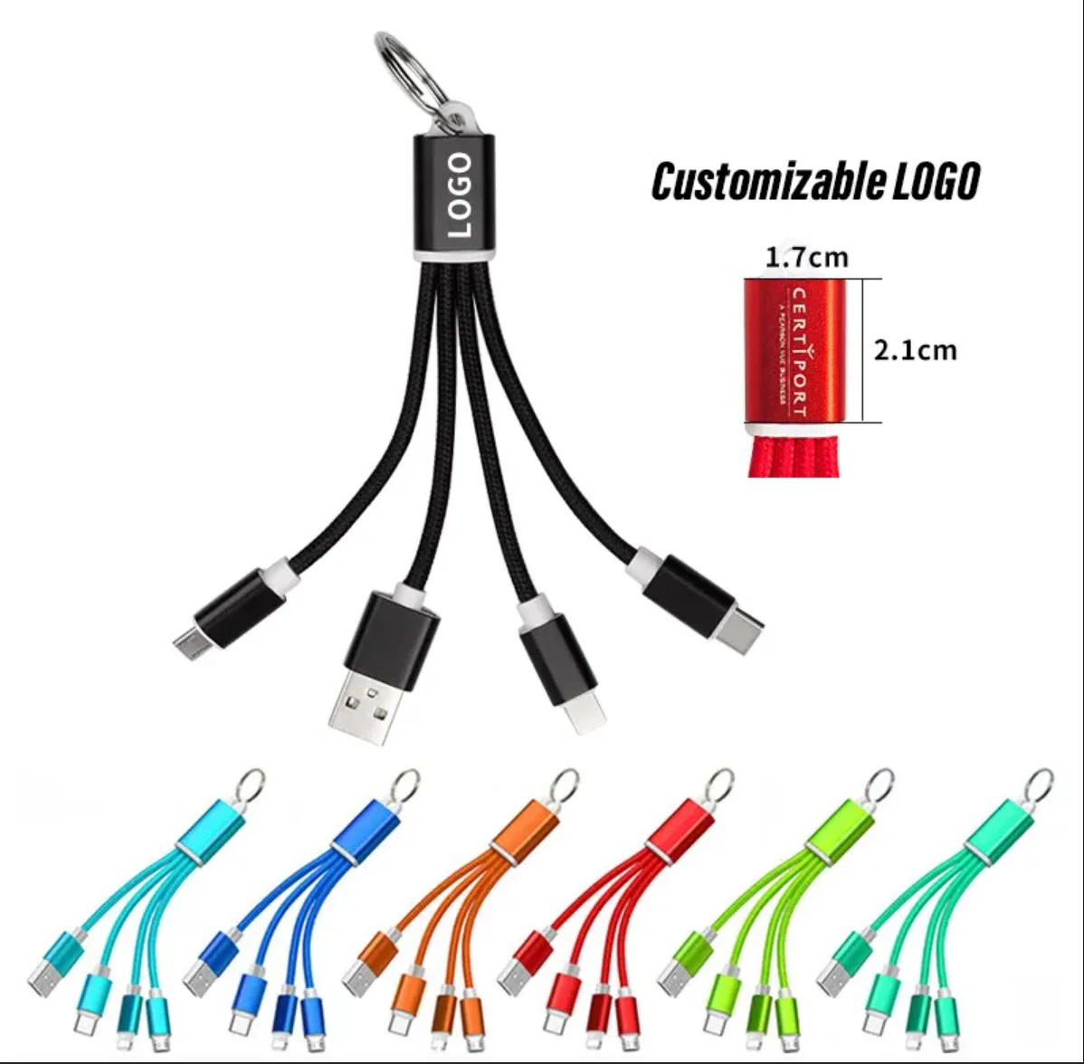 Corporate Promotional Gift Items 5 in 1 Nylon Braided Cable With Dual Sides LED Logo Keychain USB Charging Cable
