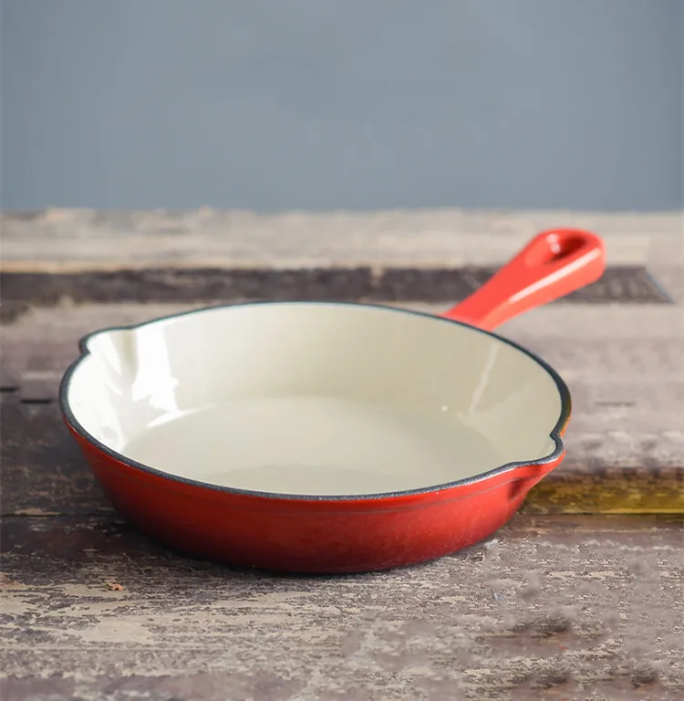 Cast iron enamel frying pan ceramic skillet cookware set flat steak pan baking Dish with Short handle and 2 outlet nozzle