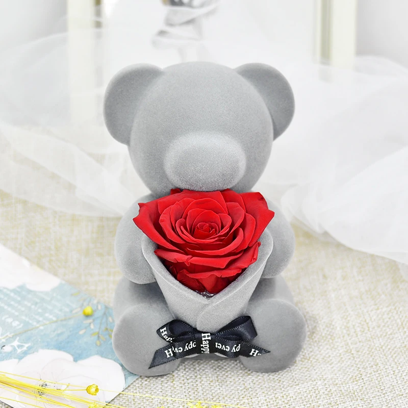 2022 Wholesale decorative flowers Forever rose bear Natural Eternal Preserved Flocking teddy for Valentines day gift