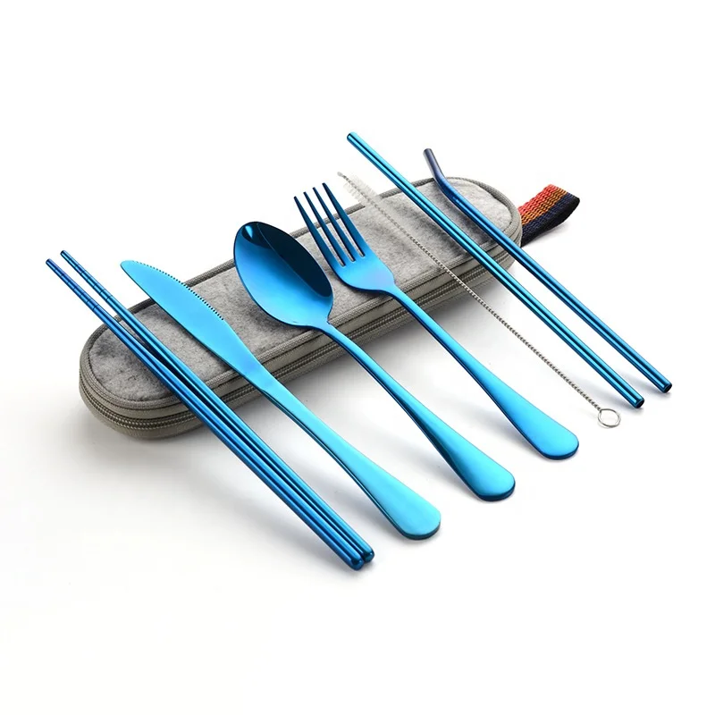 High quality portable party  custom logo reusable stainless steel 18/10 knife spoon fork drinking metal straw set
