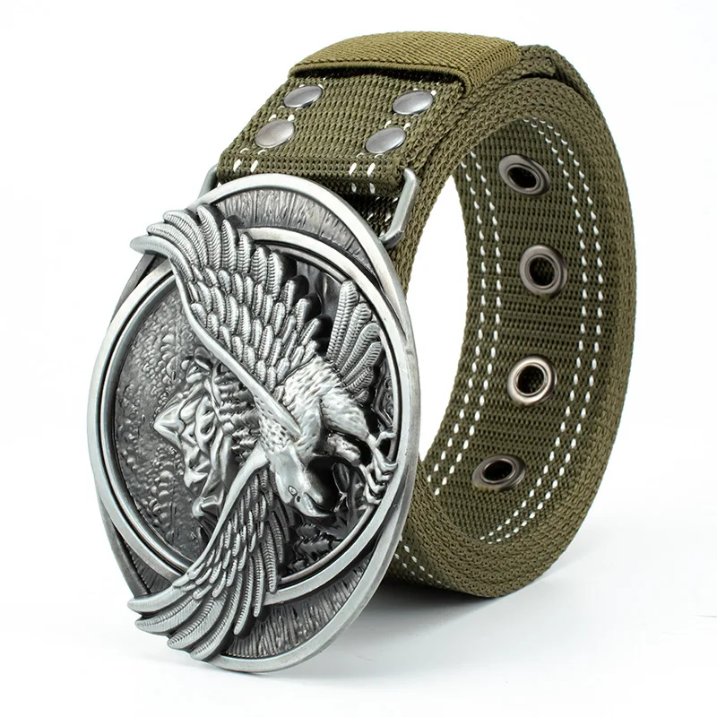 Custom Design Unique Personality Metal Buckle Woven Nylon Fabric  Belt With Eagle Wings Buckle