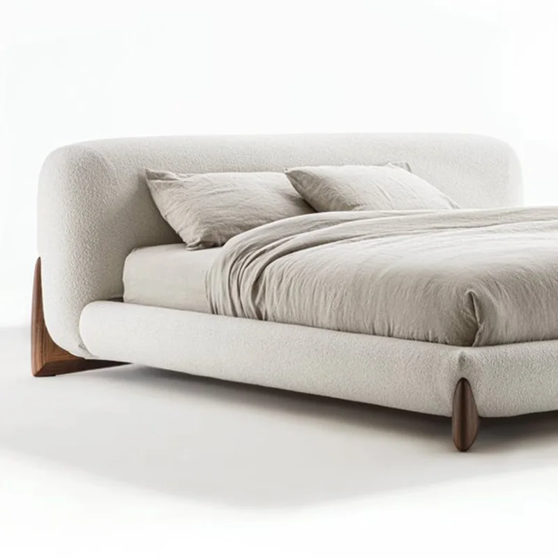 Latest Italian 2022 White Fabric Upholstered King Size Bed Set Walnut Solid Wood Furniture Bedroom