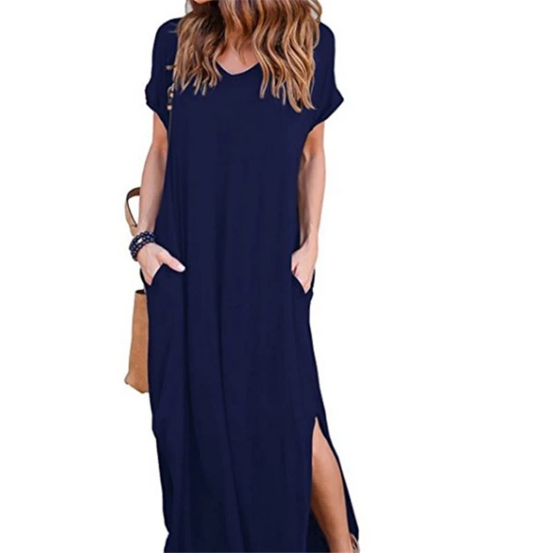 
P040 2021 Latest Women Summer Solid Color Short Sleeve Plus Size Casual Dress with Pocket 
