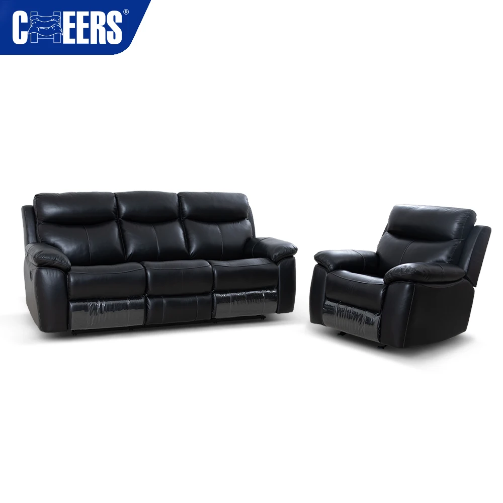 MANWAH CHEERS New Design Manual Black 3+1 Leather Recliner Sofa Set Furniture for Living Room Home Furniture Sofas