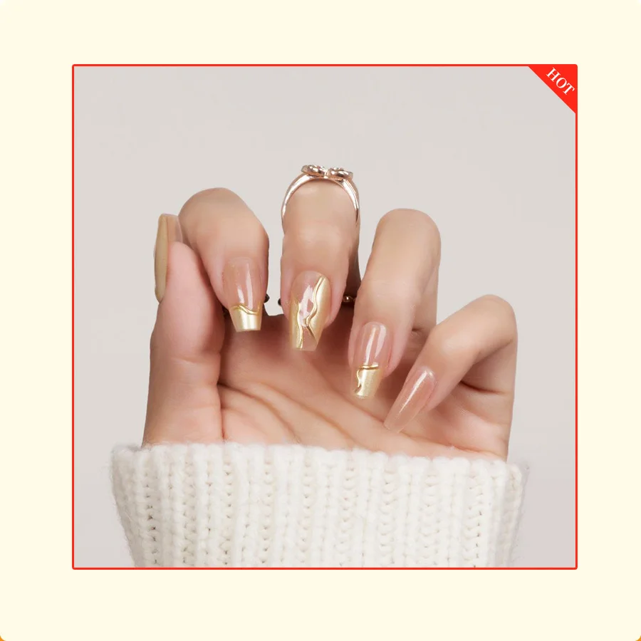 Nail Supplier Wholesale Price Salon Quality Full Cover 3D Gold Nude Nature Look Press on Nails Faux Ongles