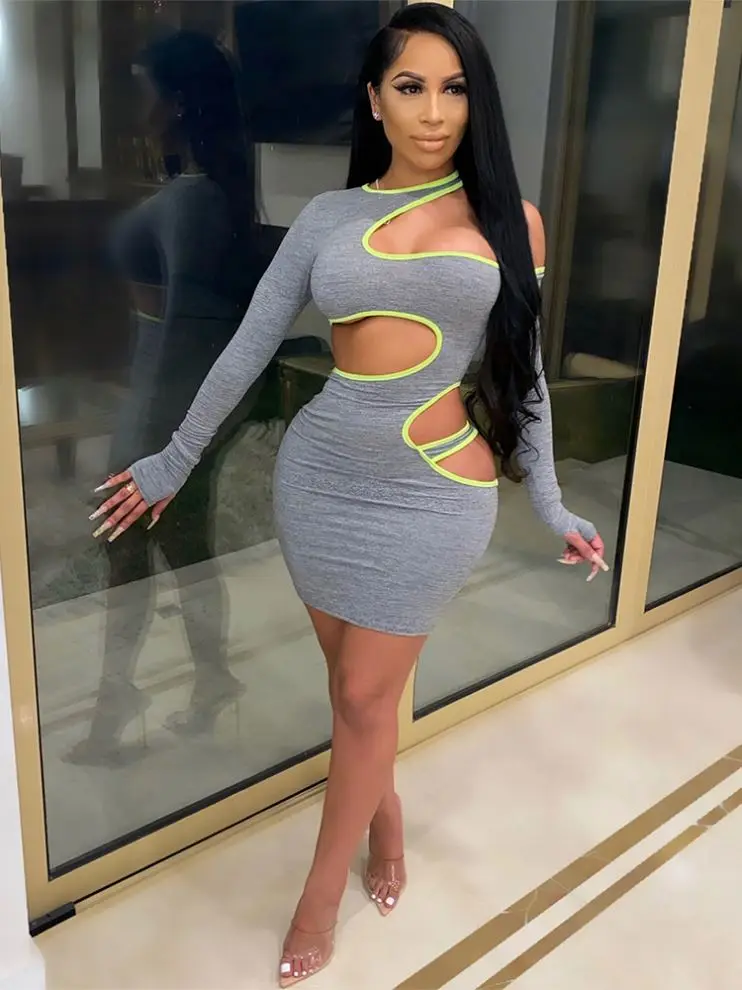 
A70D Autumn Sexy Women Dress Gray Comfortable Slim Hollow Skirt Personality Girl Fashion Streertwear Pa 