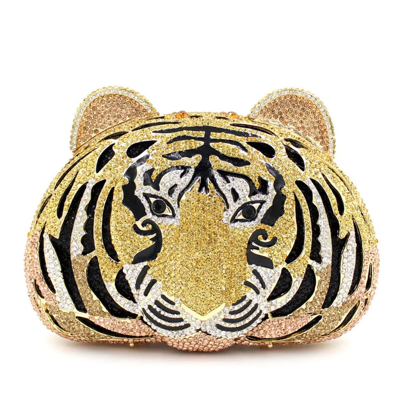 Tiger Head Women Clutch Minaudiere Purses Party Dinner Rhinestone Handbags Crystal Evening Bags and Clutches