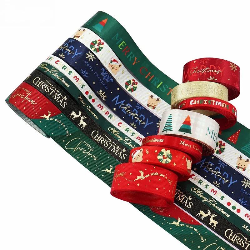 Wholesale Christmas Ribbon for christmas tree grosgrain Satin ribbon Red Gold Elk Printed Webbing DIY for packaging Xmas Box