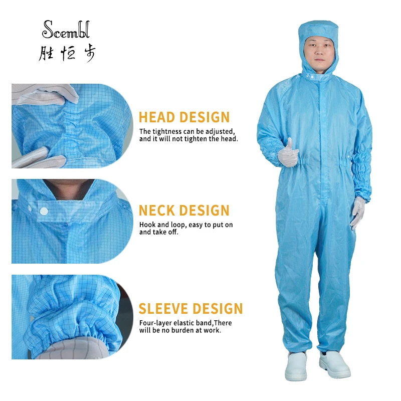 high-quality ventilation blue Same gender design esd cleanroom jumpsuit for electronic factories
