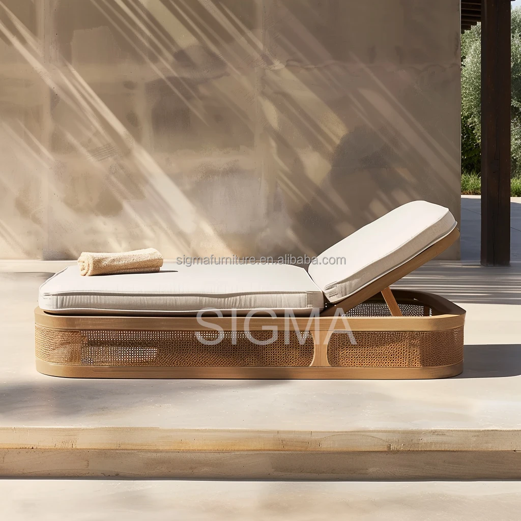 2024 new fashion teak wood outdoor bed sun loungers beach chaise folding bed