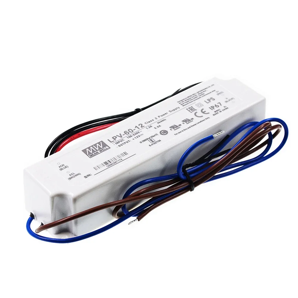 LPV-60-24 хорошо непроницаемый светодиодный драйвер 110/220VAC до 24V DC 2.5A 60W Водонепроницаемый IP67 постоянное напряжение светодиодного освещения