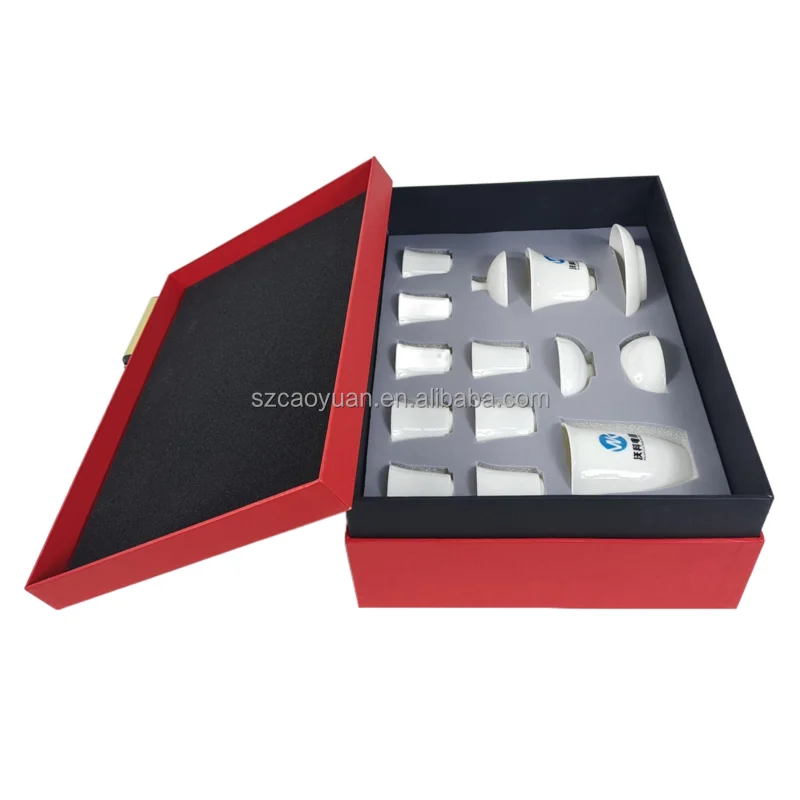 Custom luxury lid and base box with neck and sponge foam inserts for fragile ceramic teapot and teacups set