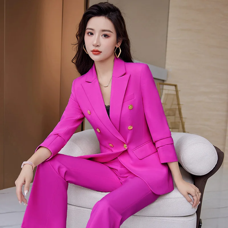 Rose Red Female Suit Jacket for Spring and Autumn New Professional & Leisure Host Wear with Button Decoration for Office