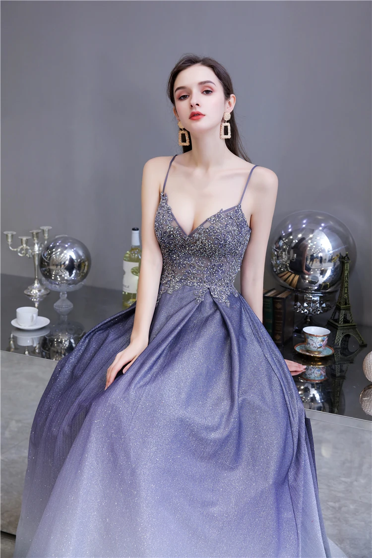 NWE2013 Delicately Spaghetti Strap Shiny Fabric Party Dress with Beaded Top Evening Skirt
