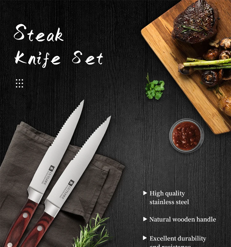Trending products kitchen steak knives serrated stainless steel wooden handle steak knife set of 4 pieces