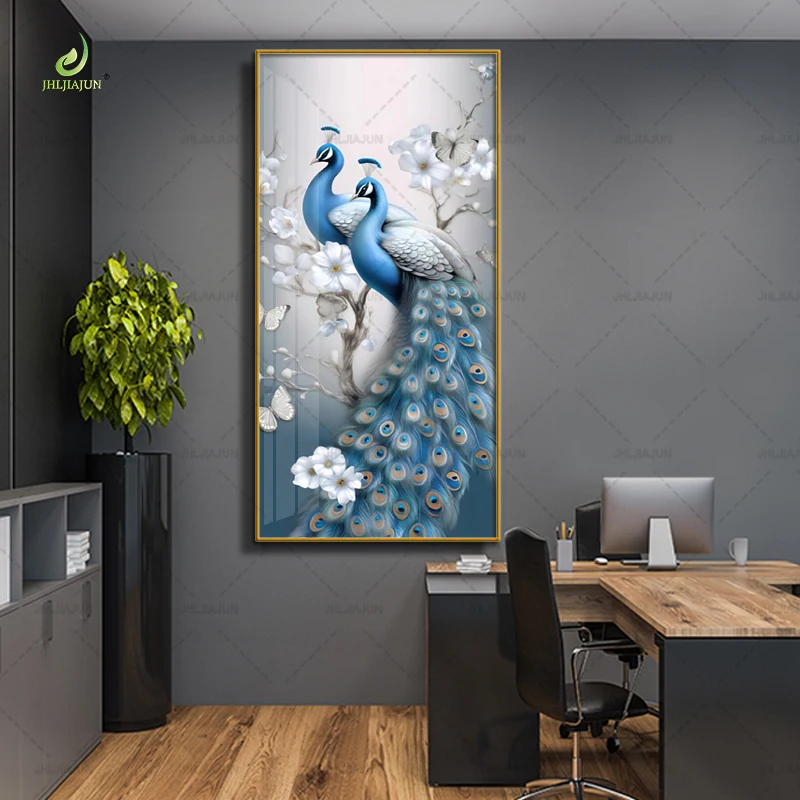 Luxury home decoration with high-definition printed canvas painting, peacock crystal porcelain home decoration, and LED murals