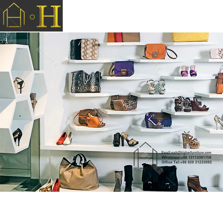 Customized High boots shoes showroom design wooden shoe display rack shoes shop layout