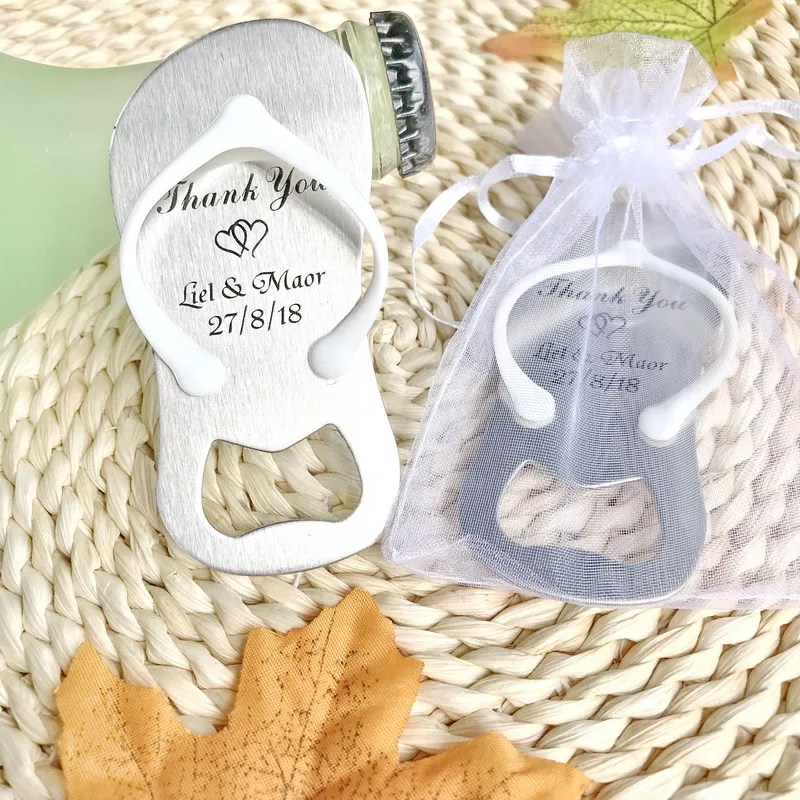 
Personalized Wedding Favors Flip Flop Beer Bottle Opener Slipper Beer Opener Print Names + White Organza Bag 