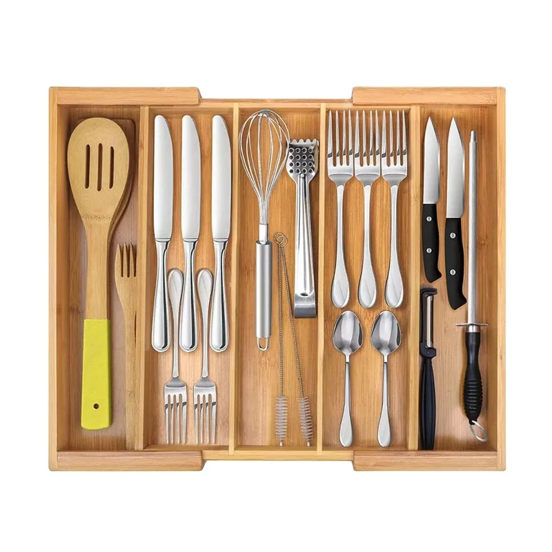 Solid bamboo expandable drawer organizer for kitchen utensils