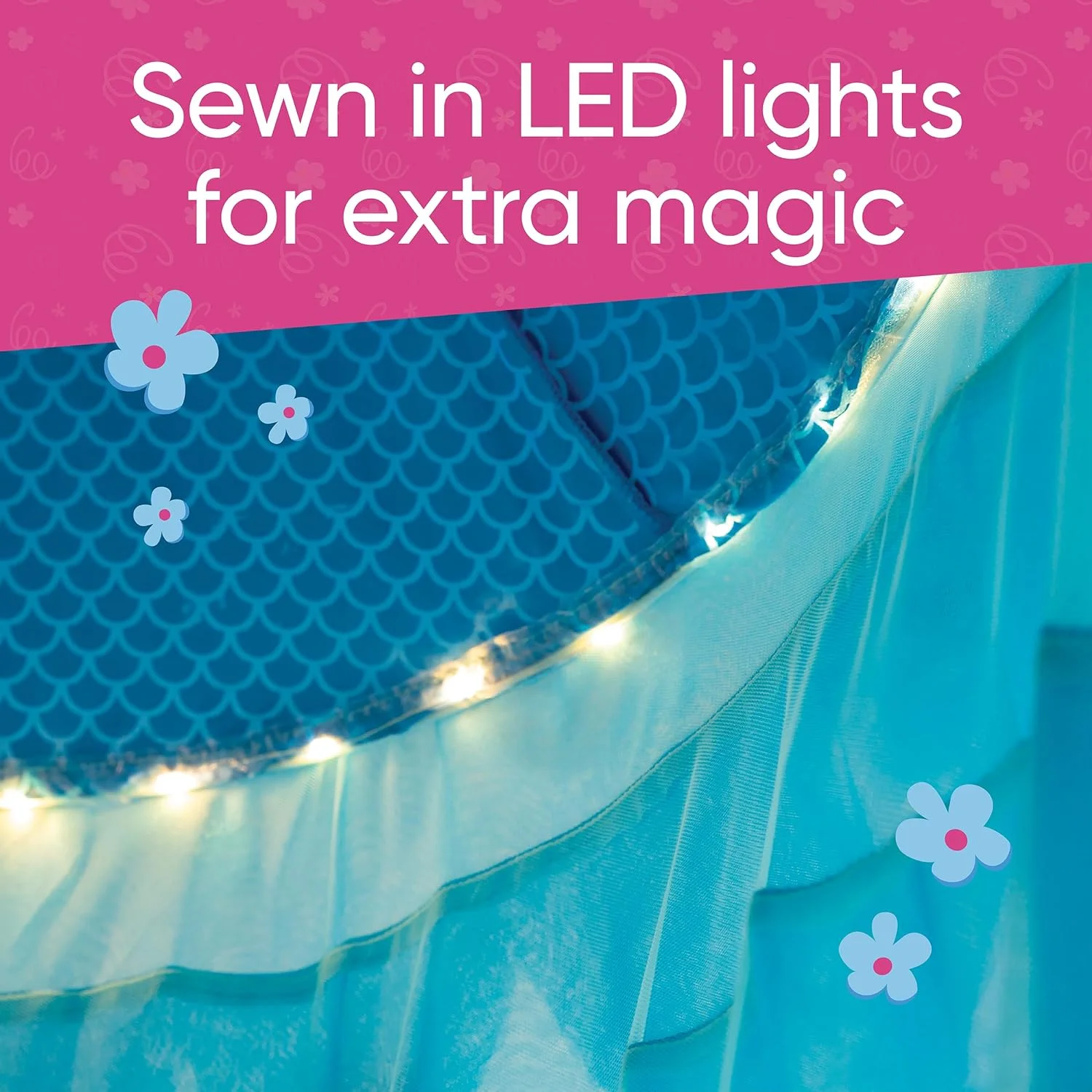 Mermaid Blue Scalloped Gauze Canopy, Indoor Mermaid Light-Up Canopy, Sewn-in LED Lights, 20 Stick-On Shells and Starfish