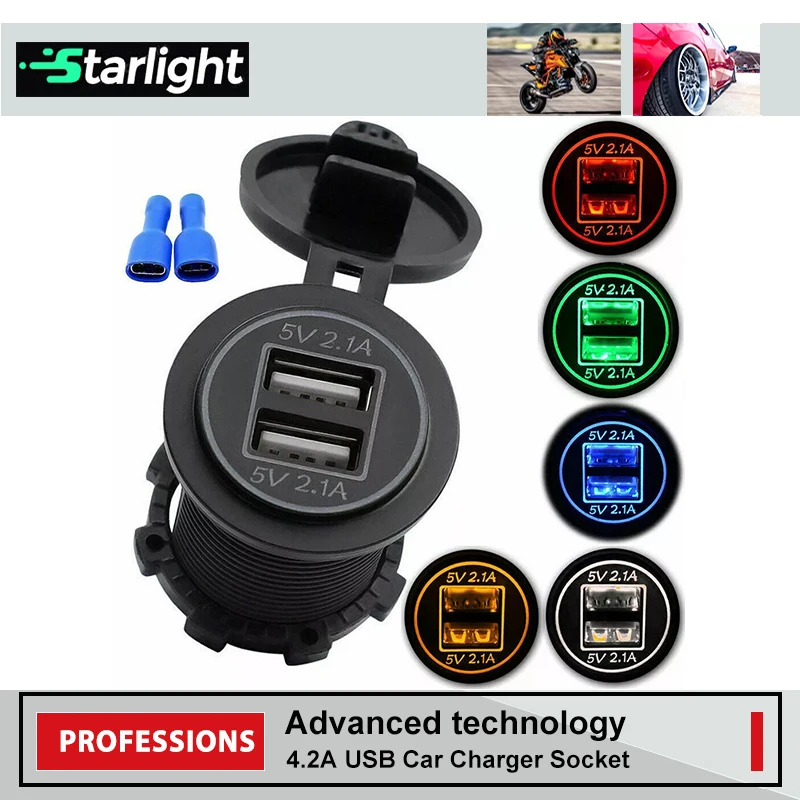 Fireproof Abs DC 12V 24V Car Charger Socket 4.2A Dual Usb Car Charger Adapter for Car Boat Marine Rv Motorcycle