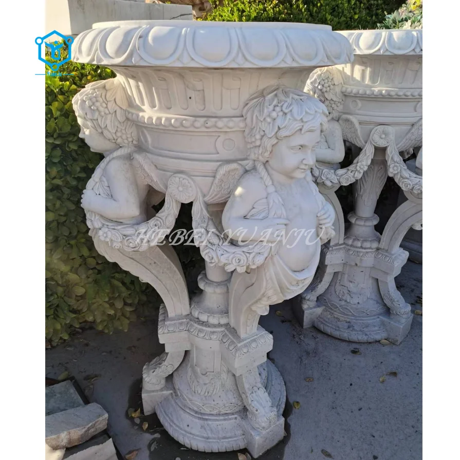 Carved Pure White Marble Outdoor Flower Planters Pots for Open Area Garden Gallery Big Size for Artificial and Natural Flowers