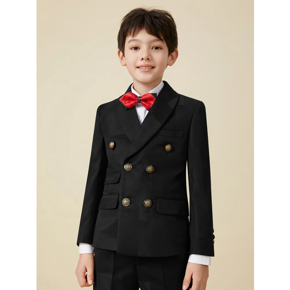 Vintage Boys Clothing Blazer Vest Pants Double Breasted 2 Buttons Black Pattern Performance Boys Formal Suits Set